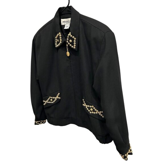 Deborah Laws Black Studded Jacket Decorative Gold Buttons Front Zip Sz Medium - Picture 3 of 9